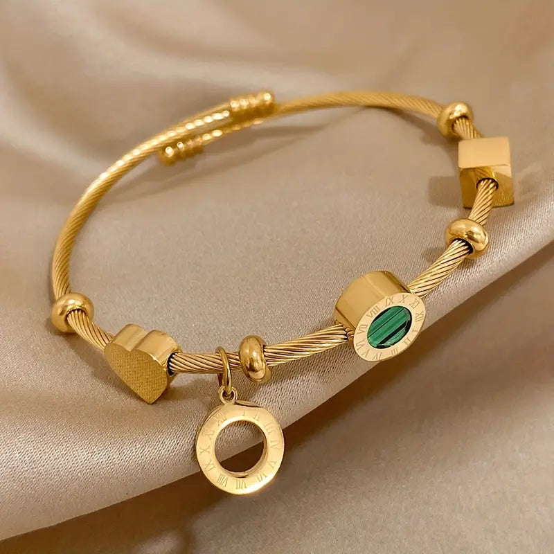 Gold Green Stone Charm Cable Bracelet