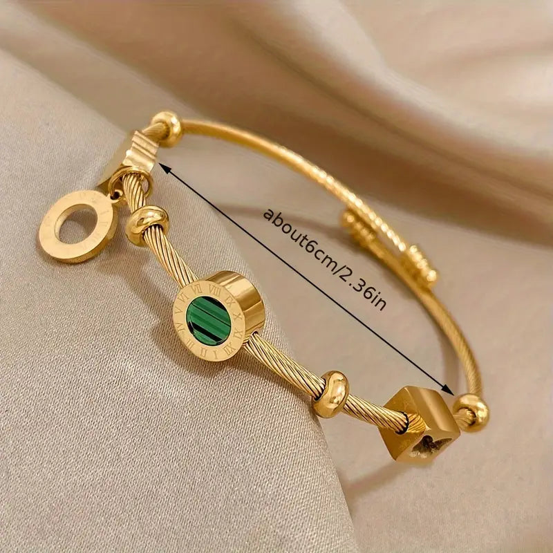 Gold Green Stone Charm Cable Bracelet