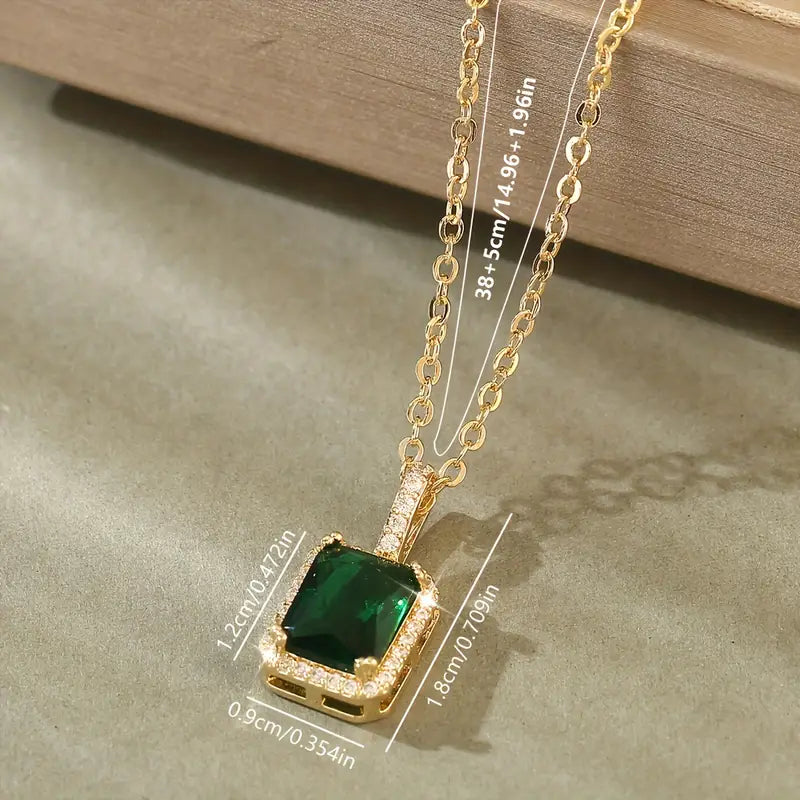 Gold Emerald Cut Halo Pendant Necklace