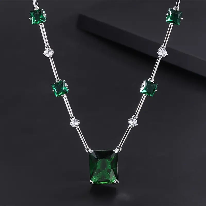 Silver Emerald Cut Necklace and Earring Set