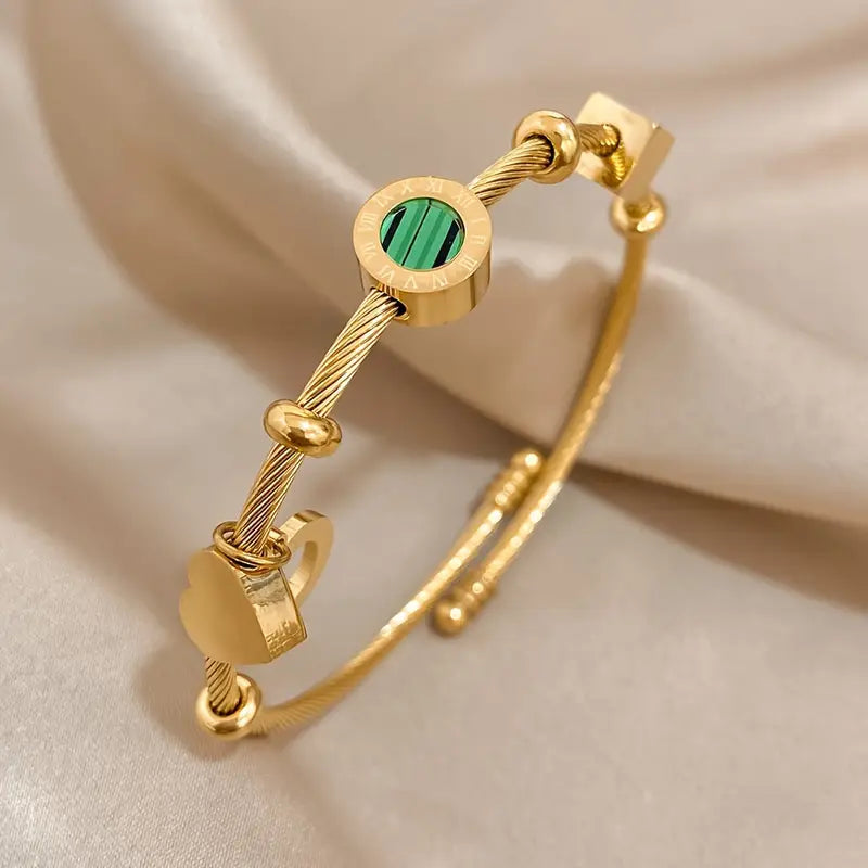 Gold Green Stone Charm Cable Bracelet