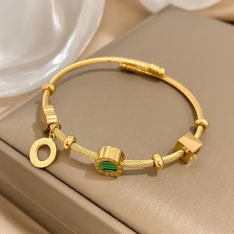 Gold Green Stone Charm Cable Bracelet