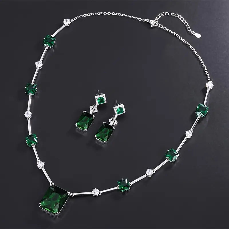 Silver Emerald Cut Necklace and Earring Set