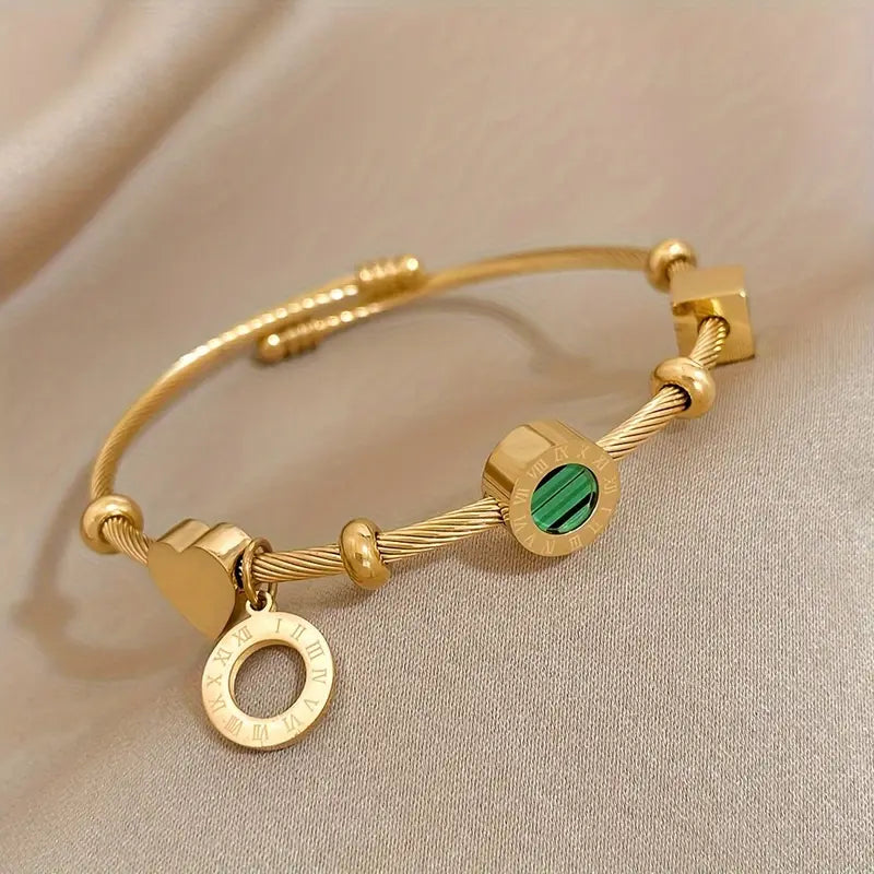 Gold Green Stone Charm Cable Bracelet