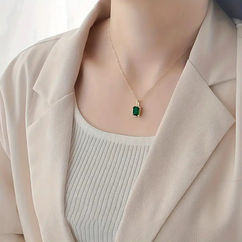 Gold Emerald Cut Halo Pendant Necklace