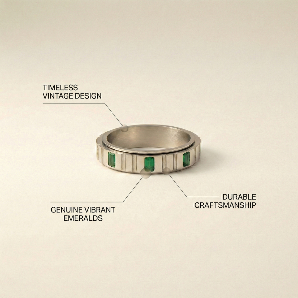 Emerald – Structured band with green stone accents – Ring