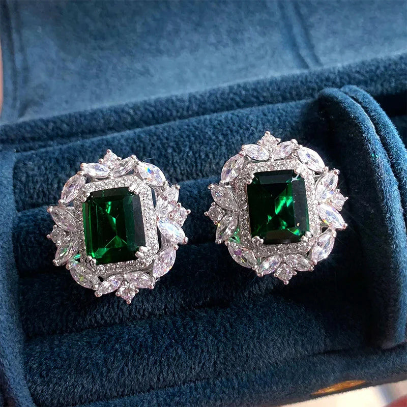 Emerald Cut Halo Stud Earrings