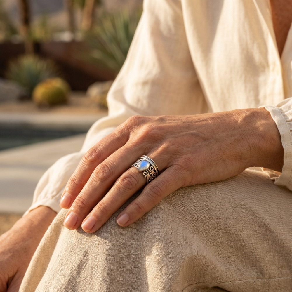 Seleneva – ornate moonstone spinner design – ring