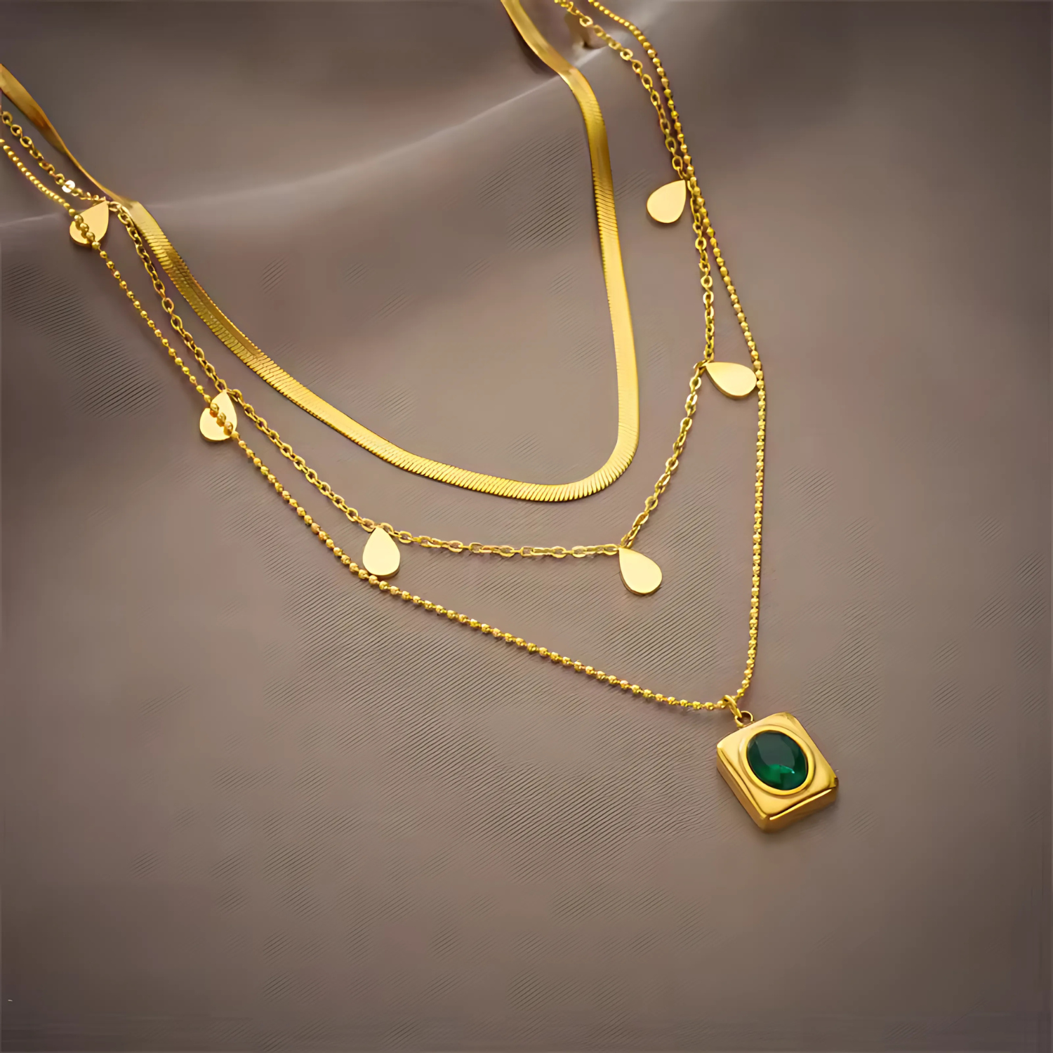 Gold Layered Emerald Pendant Necklace Set