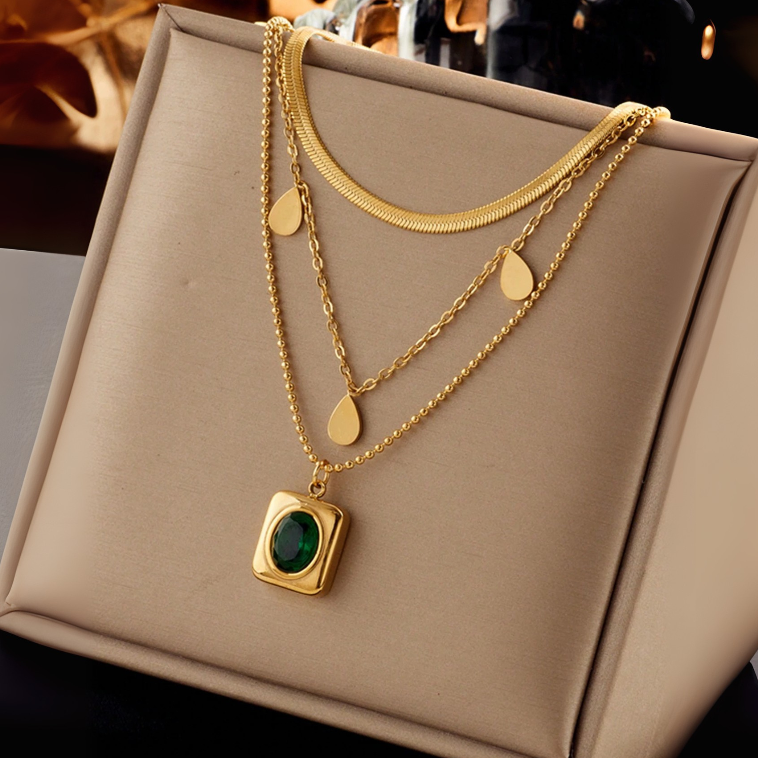 Gold Layered Emerald Pendant Necklace Set
