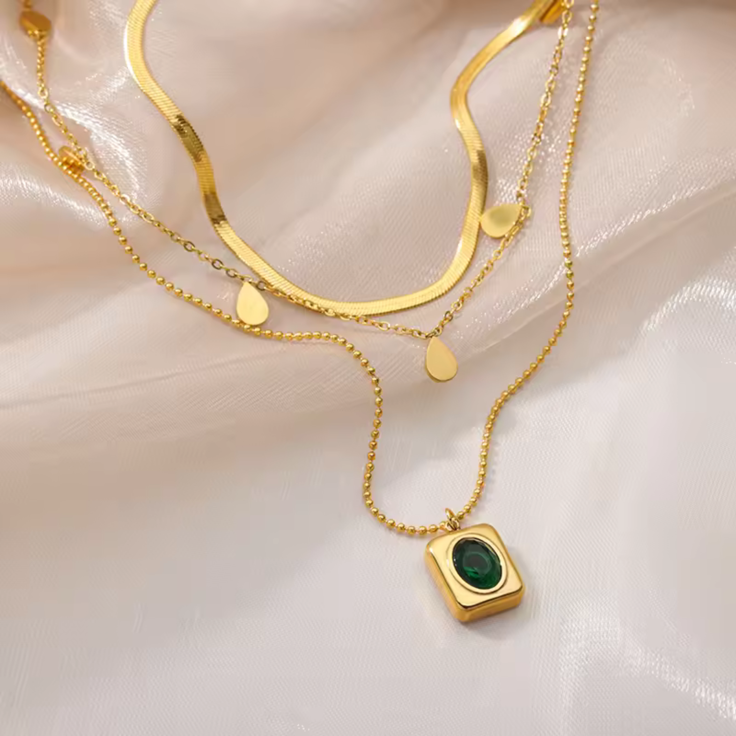 Gold Layered Emerald Pendant Necklace Set