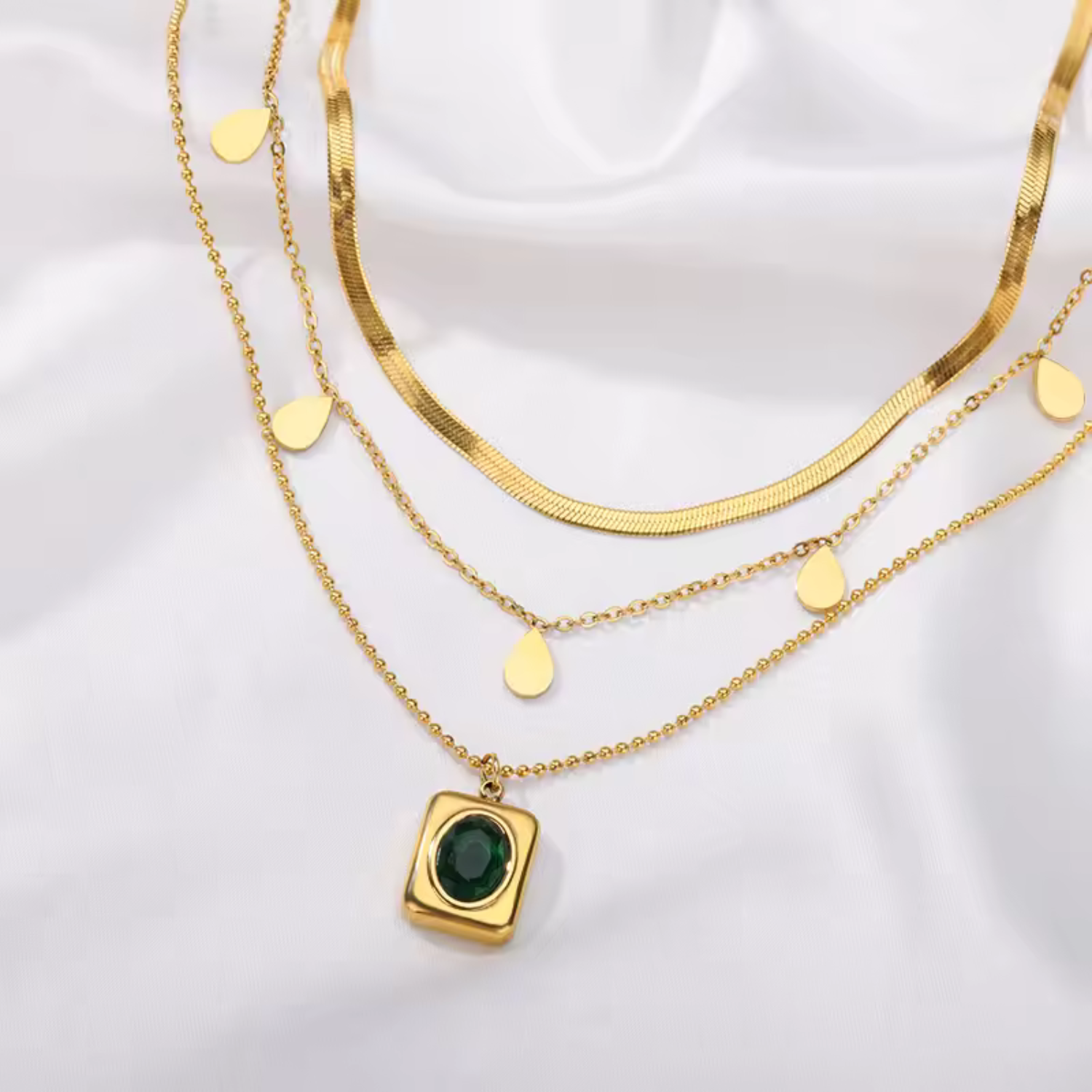 Gold Layered Emerald Pendant Necklace Set