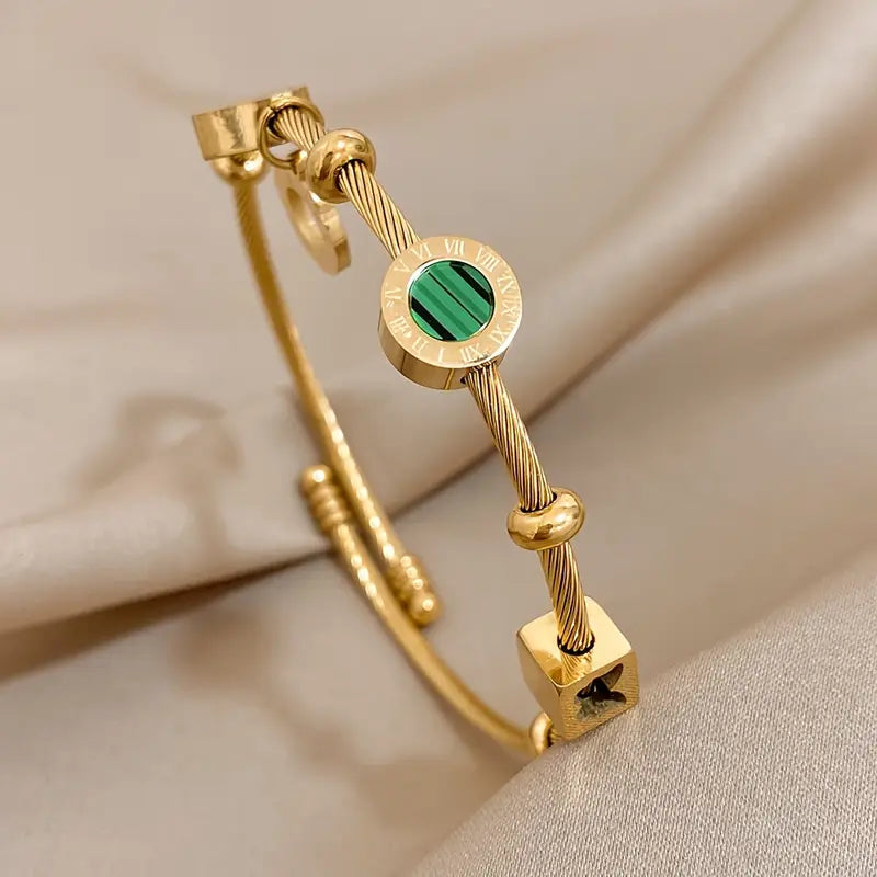 Gold Green Stone Charm Cable Bracelet