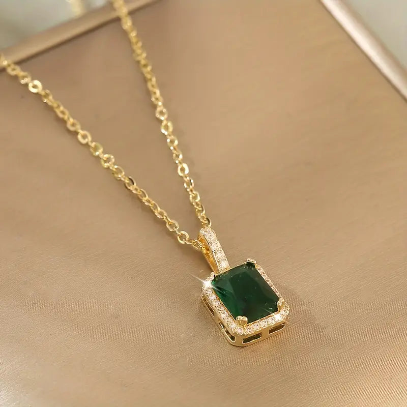 Gold Emerald Cut Halo Pendant Necklace