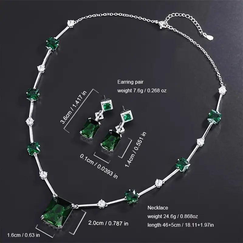 Silver Emerald Cut Necklace and Earring Set