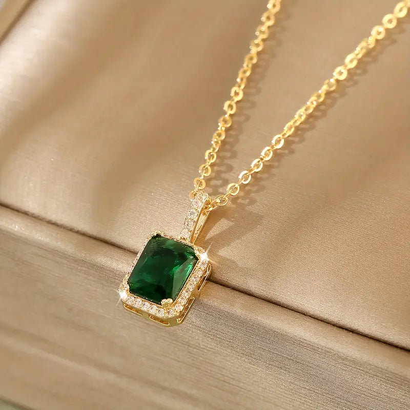 Gold Emerald Cut Halo Pendant Necklace