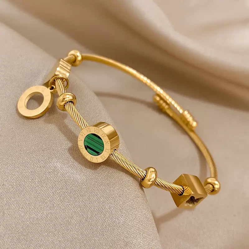 Gold Green Stone Charm Cable Bracelet