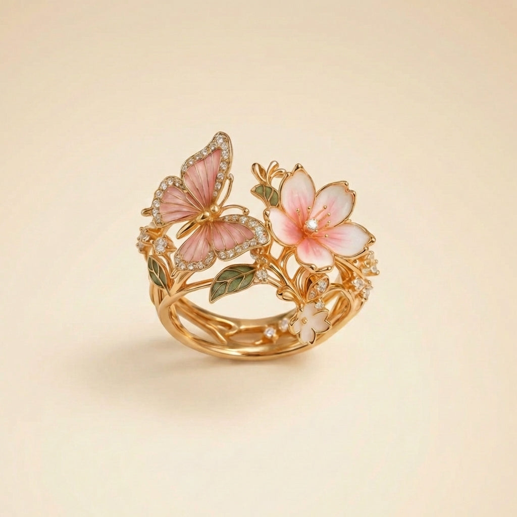 Floravine – vintage-inspired butterfly floral crystal ring – Ring