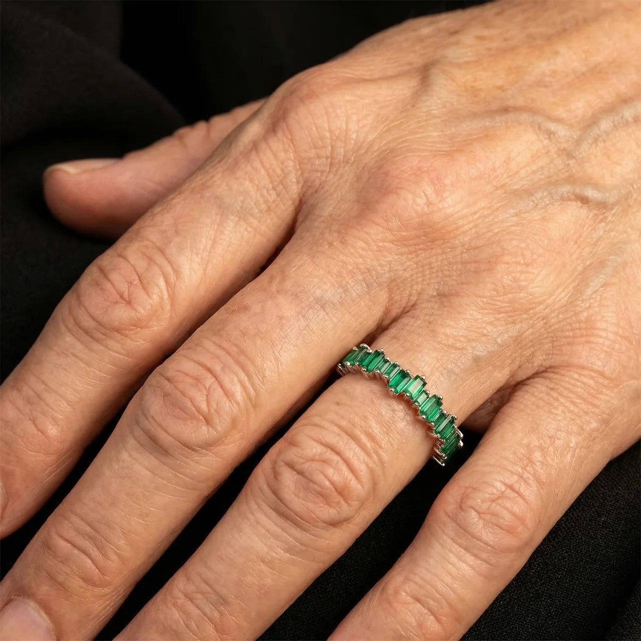 Silver Emerald Baguette Open Ring