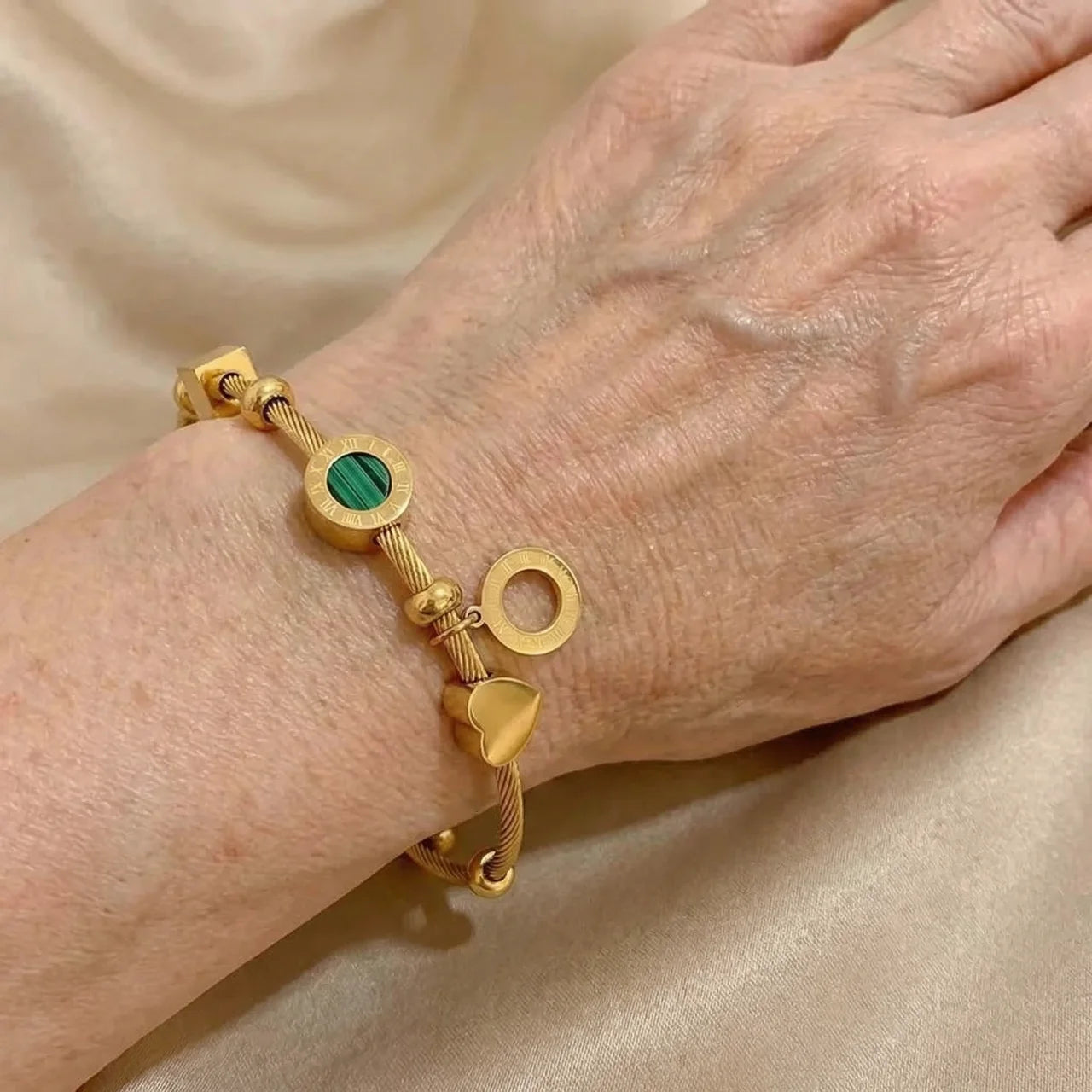 Gold Green Stone Charm Cable Bracelet