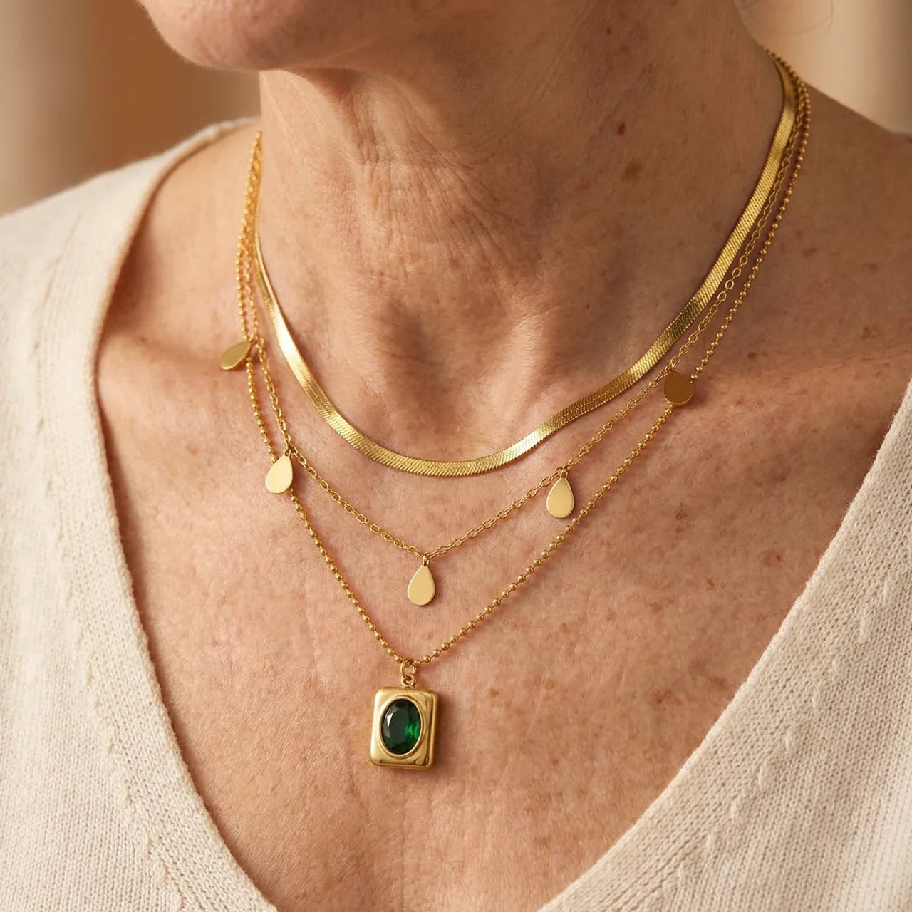 Gold Layered Emerald Pendant Necklace Set