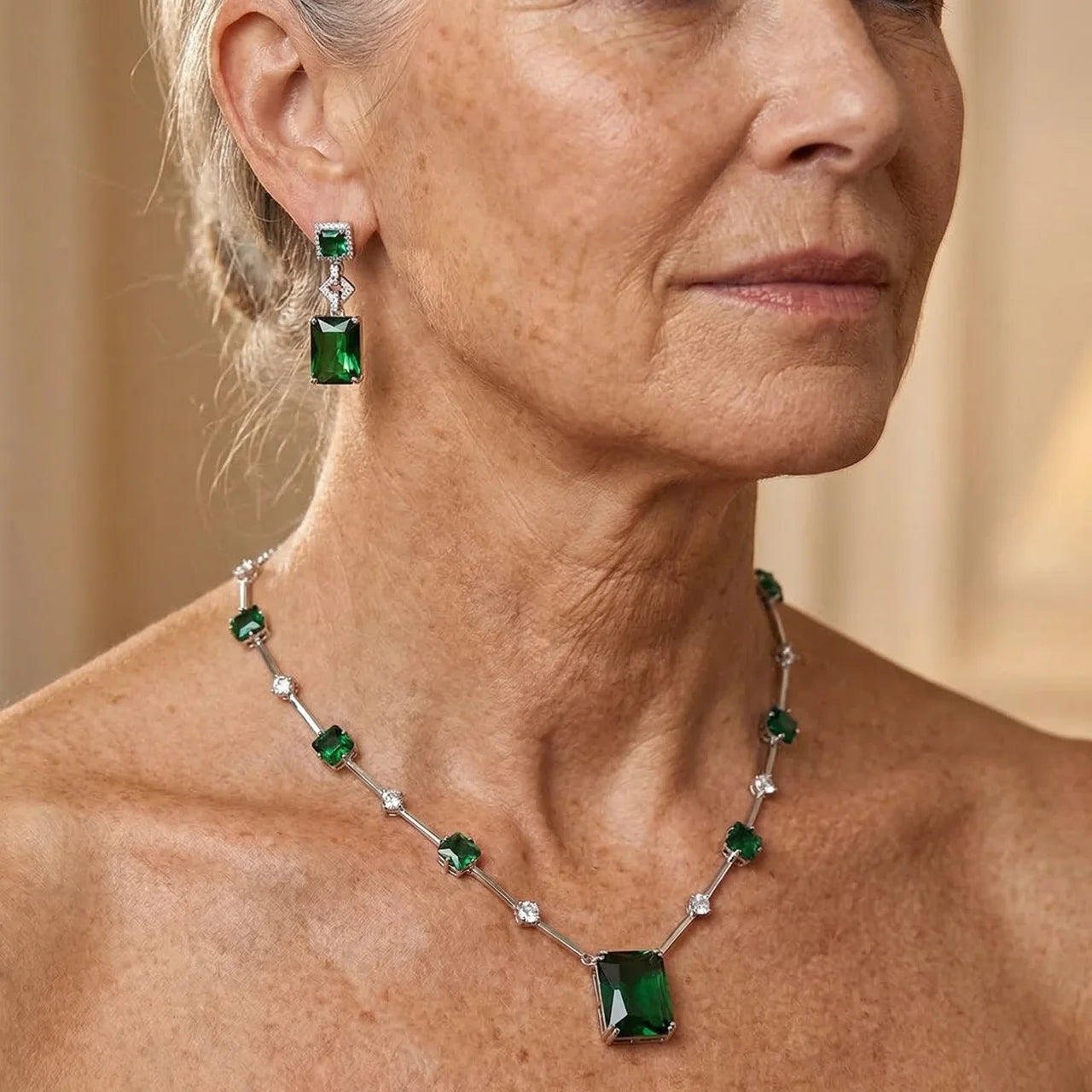 Silver Emerald Cut Necklace and Earring Set