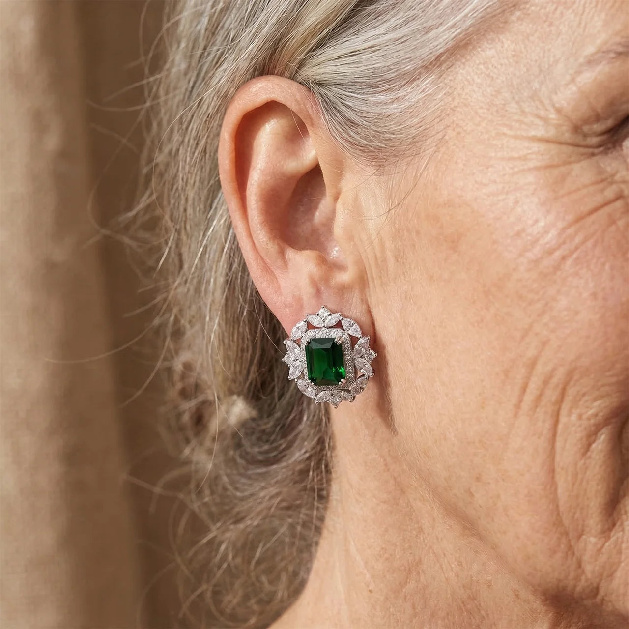 Emerald Cut Halo Stud Earrings